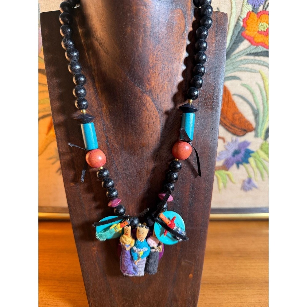 Statement Necklace - Wooden Beads with Fabric Worry Dolls